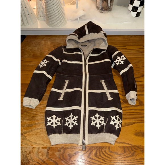 AUTUNNO Kids Brown Suede Sheepskin Lined Snowflake Winter Coat Jacket Size 10 12